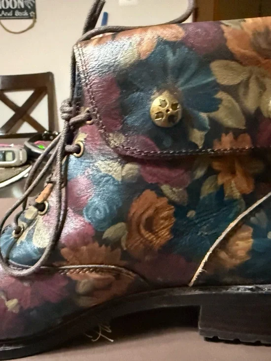 Patricia Nash Floral Leather Lace-Up Ankle Boots in Blue, Brown & Gold Tones - Picture 9 of 10